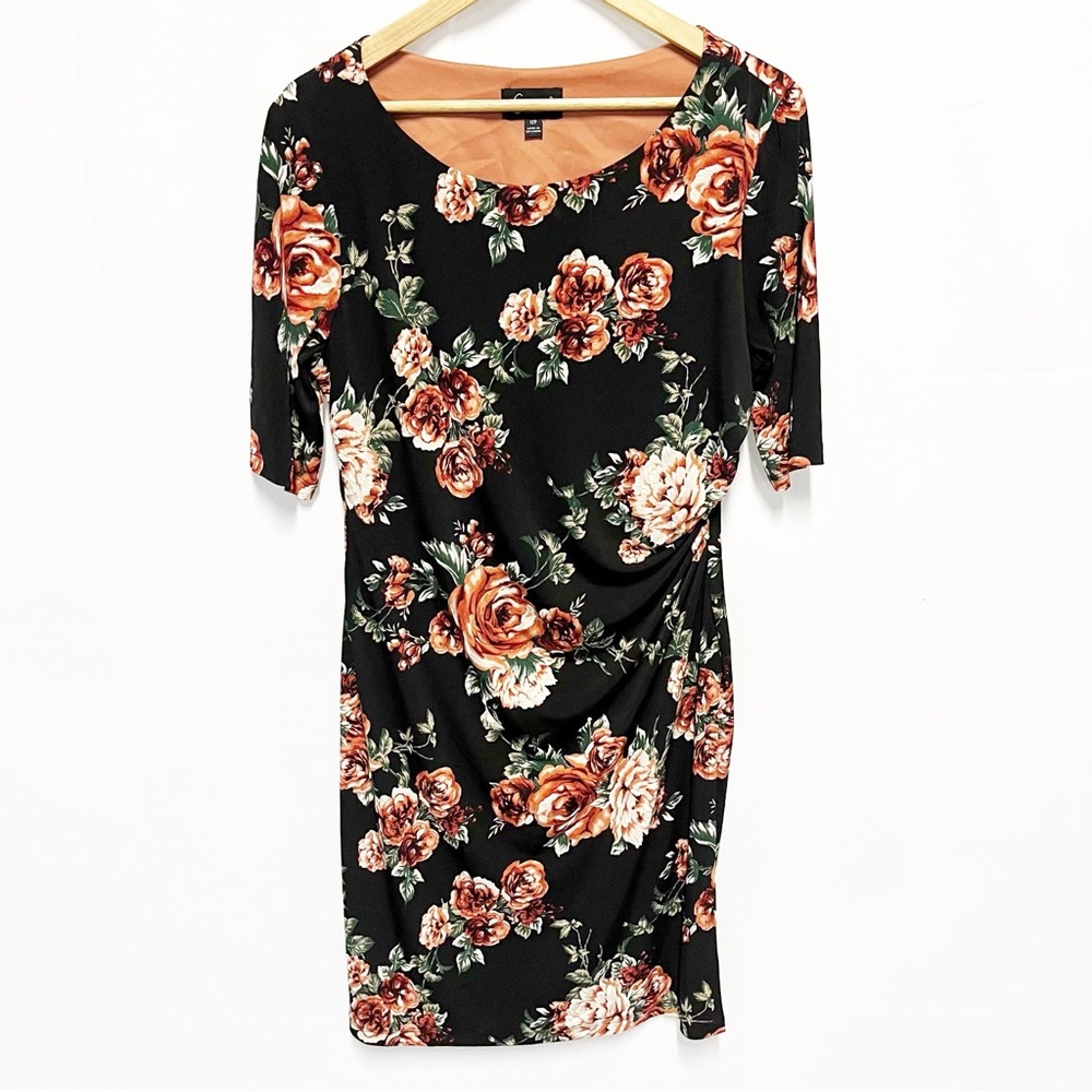 Connected Apparel Black & Orange Roses Floral Side Ruched Sheath Dress 12 Petite